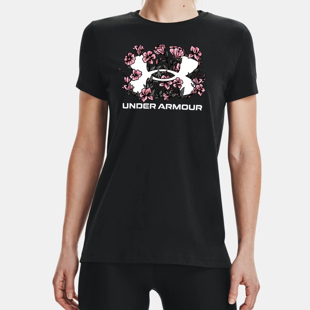 NWT Heatgear Under Armour Floral SS Black T-shirt Tee Size XS Blooming Flowers